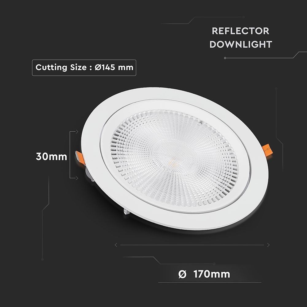 V-Tac 20W LED indbygnings-spotlight - Hul: Ø14,5 cm, Mål: Ø17 cm, 3 cm høj