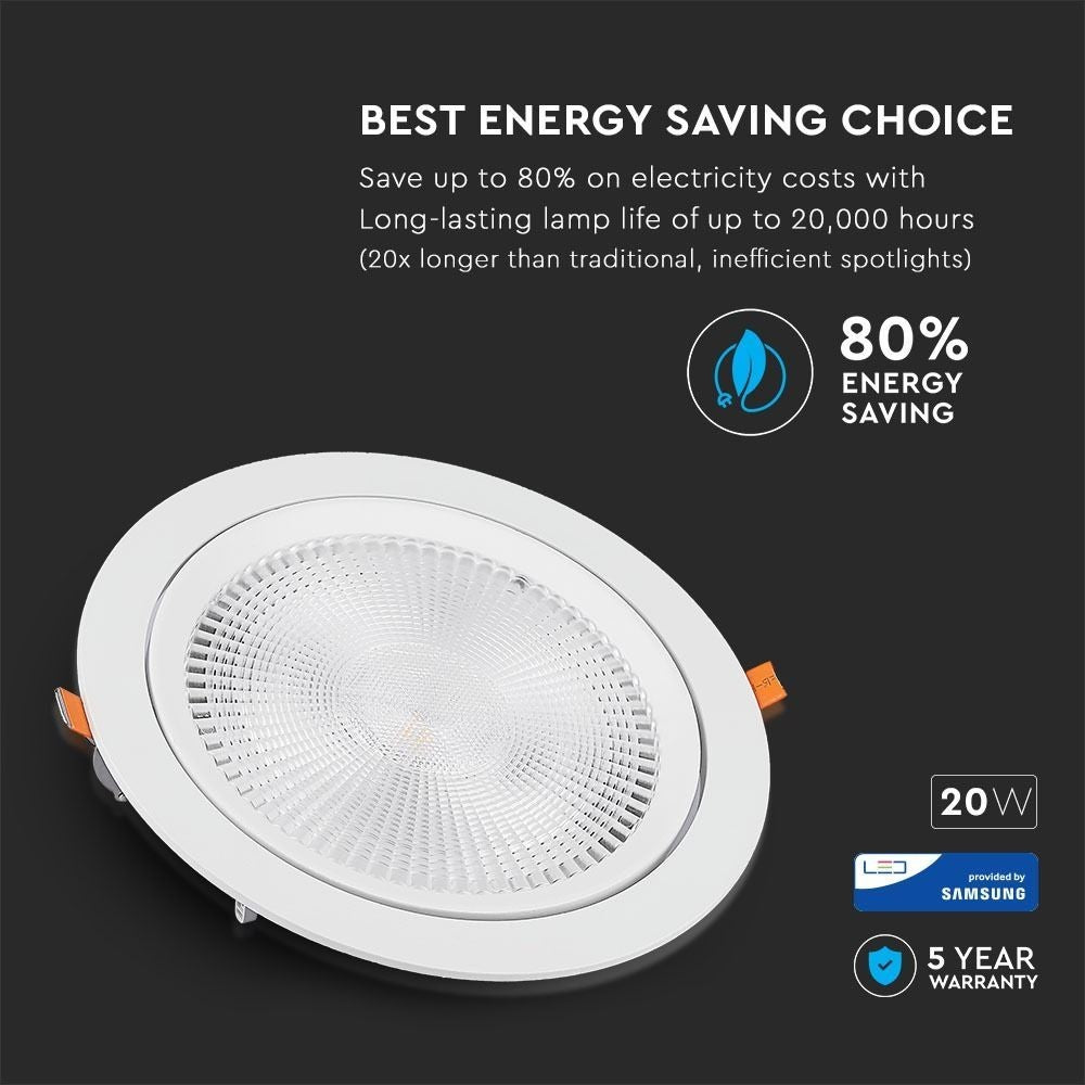 V-Tac 20W LED indbygnings-spotlight - Hul: Ø14,5 cm, Mål: Ø17 cm, 3 cm høj