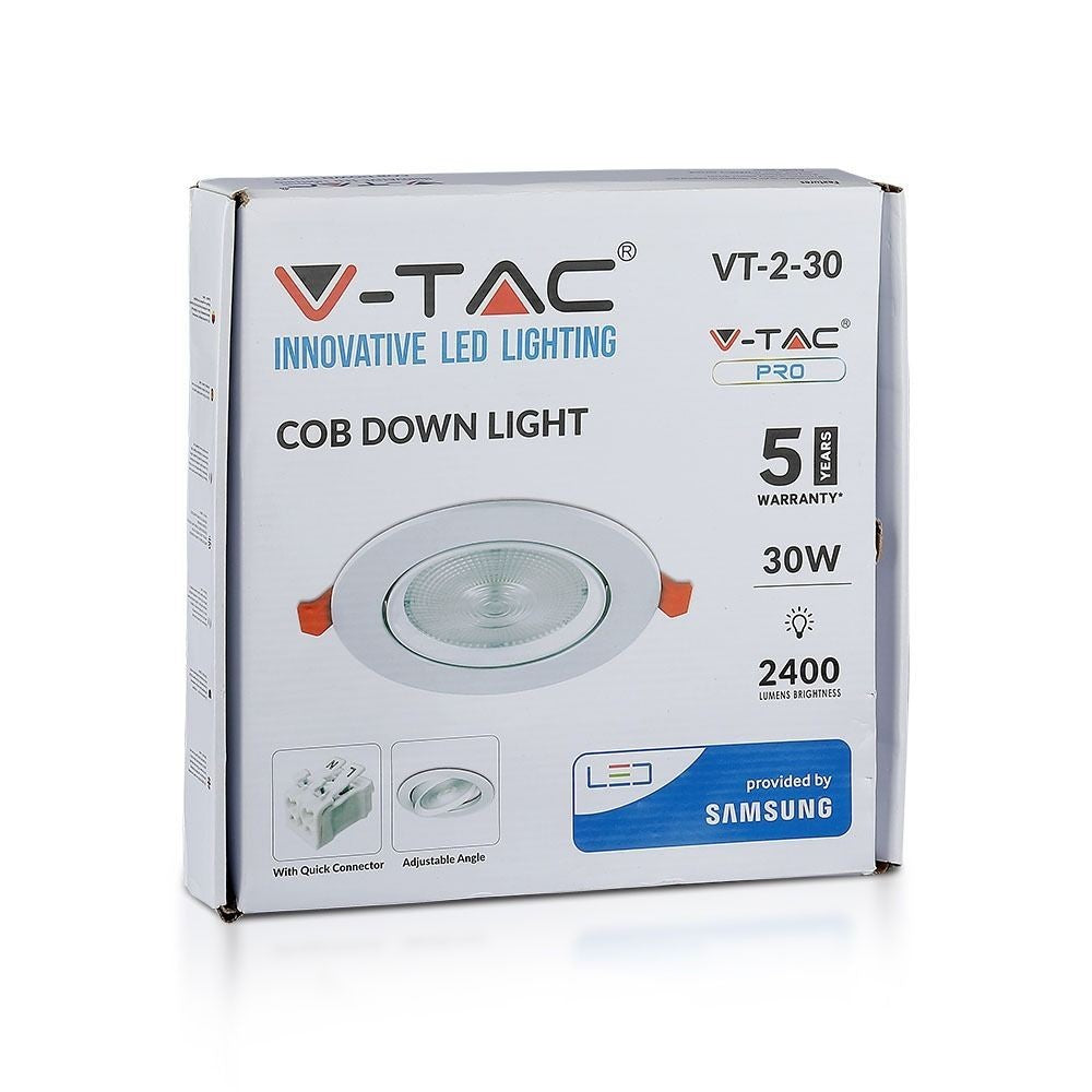 V-Tac 30W LED Spotlight - Hvid, Ø19,5 cm, Ø22,5 cm, 3 cm høj, Samsung LED chip, 2700lm, RA80, 230V