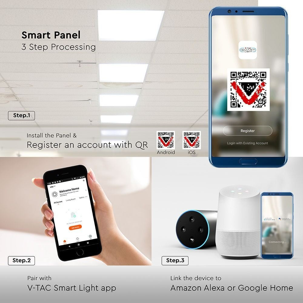 V-Tac Smart Home LED panel - Tuya/Smart Life, 40W, kompatibel med Google Home, Alexa og smartphones, hvid kant