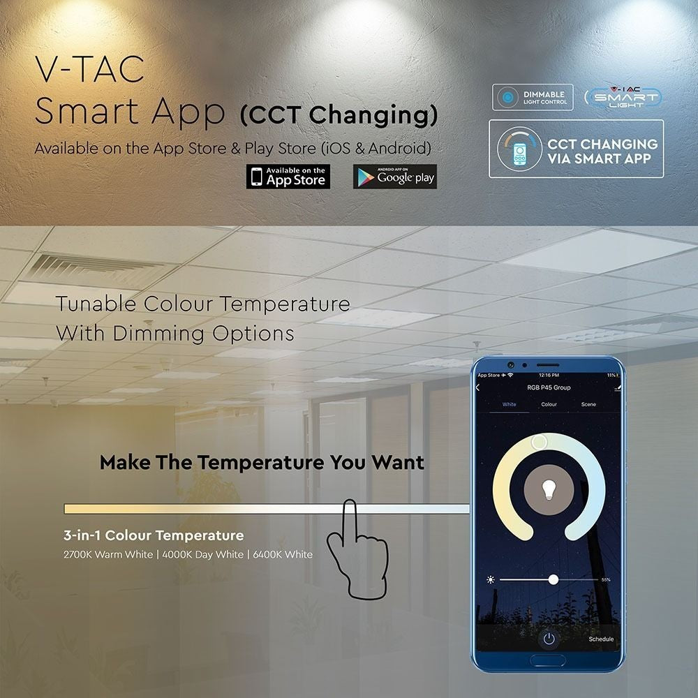 V-Tac Smart Home LED panel - Tuya/Smart Life, 40W, kompatibel med Google Home, Alexa og smartphones, hvid kant