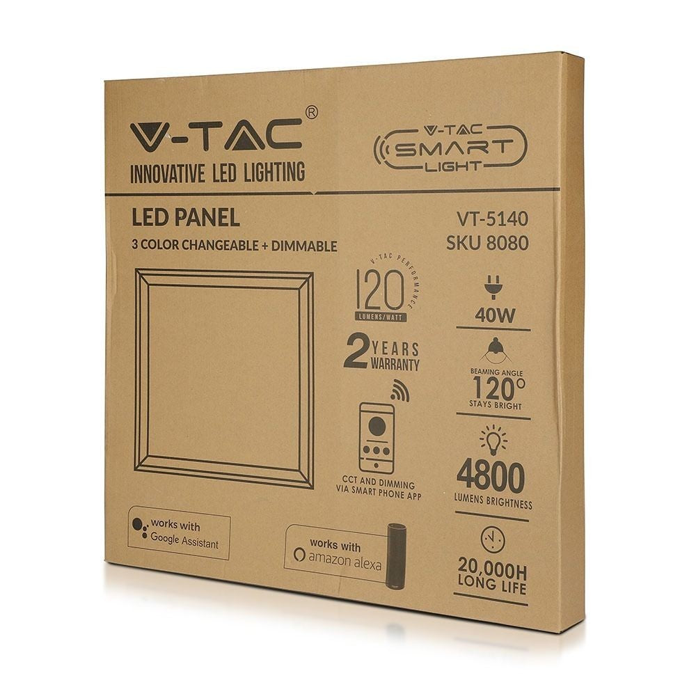 V-Tac Smart Home LED panel - Tuya/Smart Life, 40W, kompatibel med Google Home, Alexa og smartphones, hvid kant