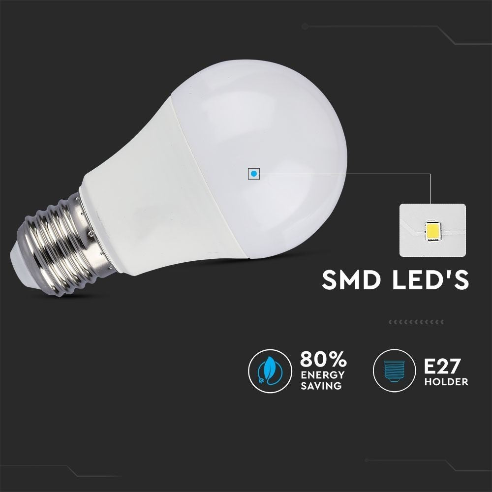 V-Tac 9W LED pære - 3-trin dæmpbar, A60, on/off dæmpbar, E27 (Erstatter 60W, 806lm, RA80)