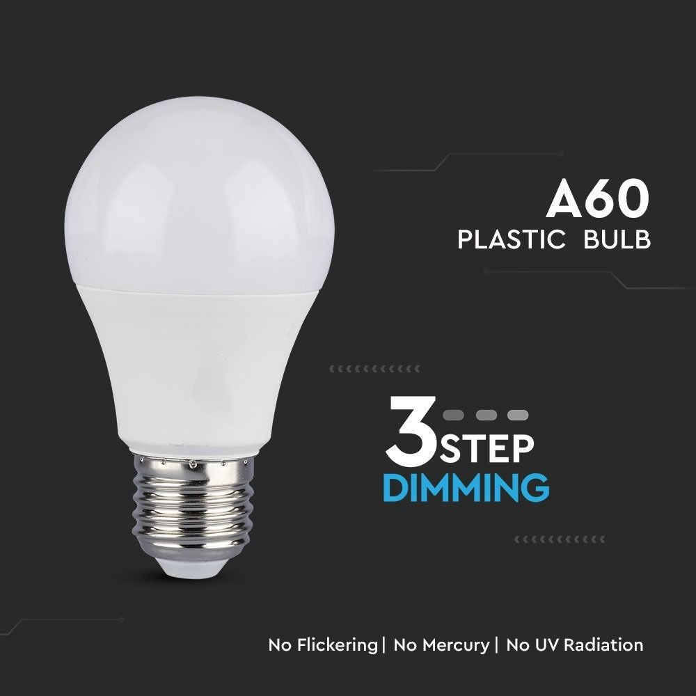 V-Tac 9W LED pære - 3-trin dæmpbar, A60, on/off dæmpbar, E27 (Erstatter 60W, 806lm, RA80)