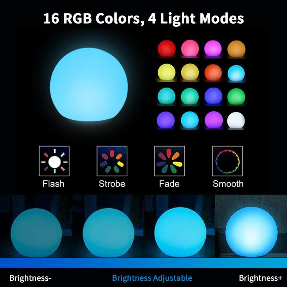 Genopladelig RGBW LED kugle (Ø8 cm) med fjernbetjening og IP68 beskyttelse