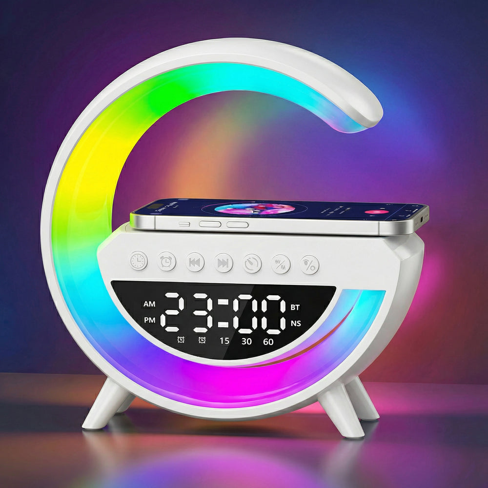 G-formet RGBIC lampe med trådløs oplader i hvid finish og Bluetooth-teknologi - 24x23cm - 3W effekt - 5V USB input