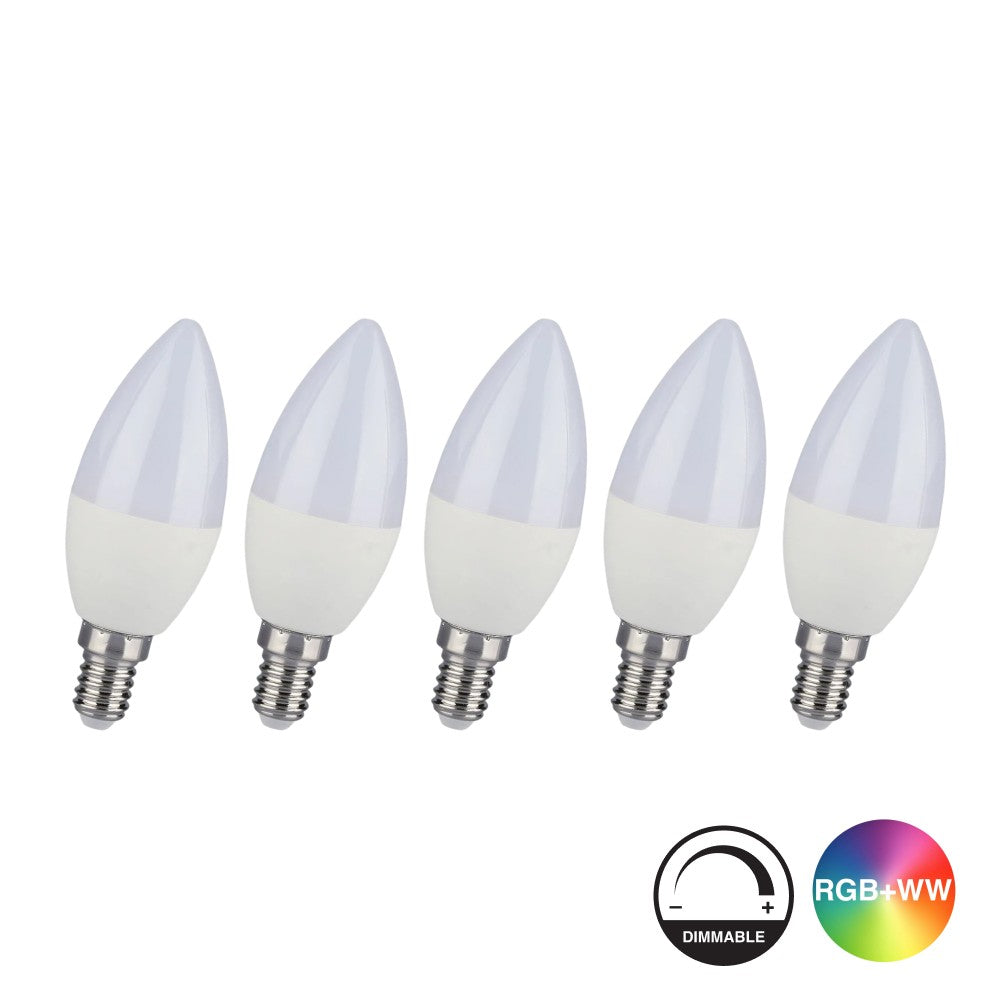 5 stk. RGB+CW E14 pære med RF fjernbetjening - dæmpbar, 3.5W, 320lm, RA80 - Pakke med 5 stk. E14 pærer til stemningsfuldt lys