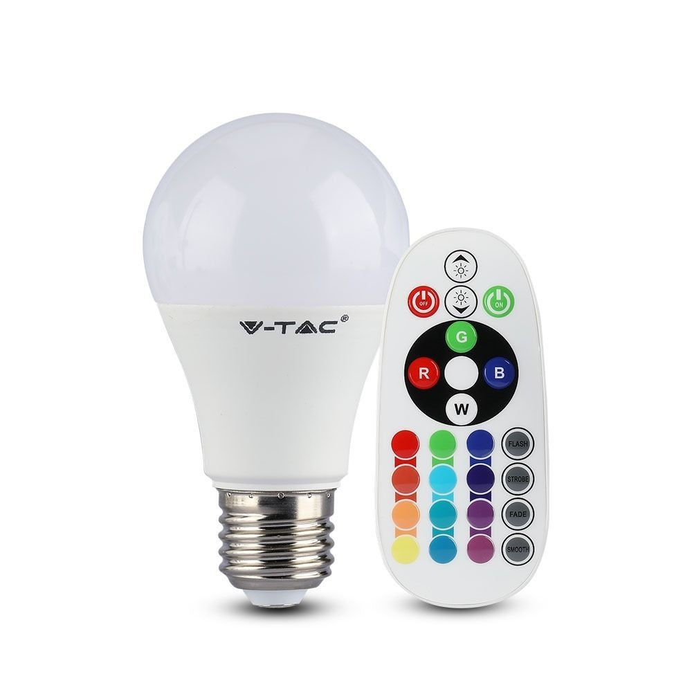 5 stk. RGBW LED pærer med RF fjernbetjening, 6W, E27, 230V, 470lm, RA80