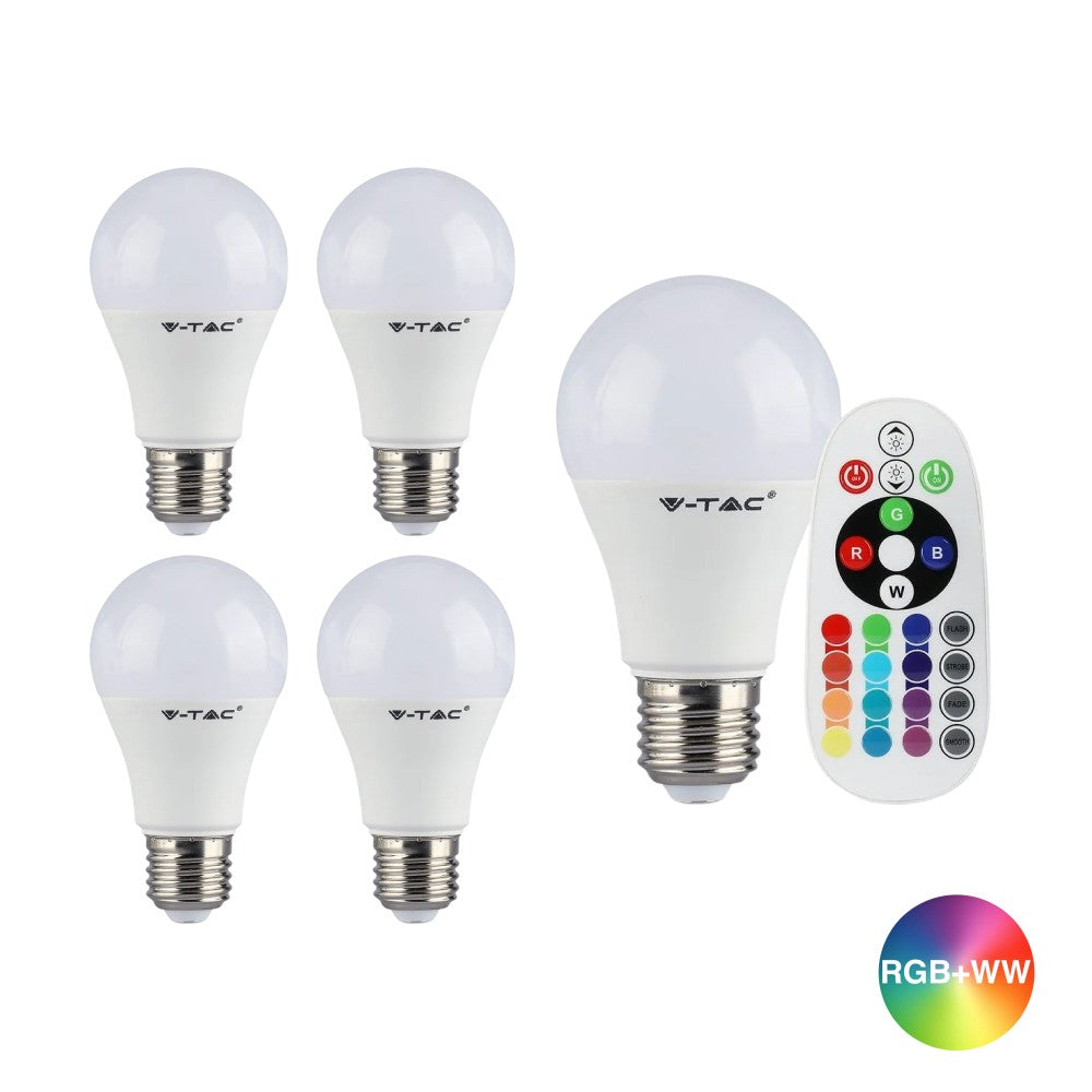 5 stk. RGBW LED pærer med RF fjernbetjening, 6W, E27, 230V, 470lm, RA80