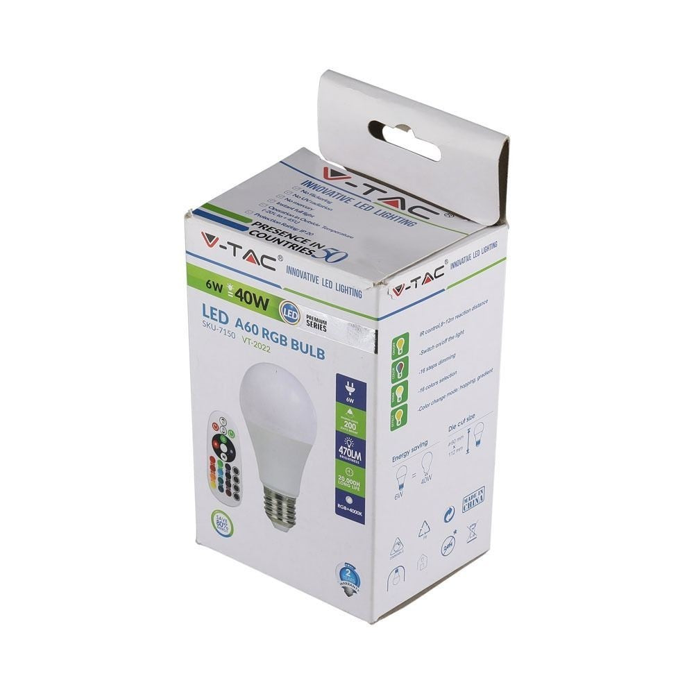 5 stk. RGBW LED pærer med RF fjernbetjening, 6W, E27, 230V, 470lm, RA80