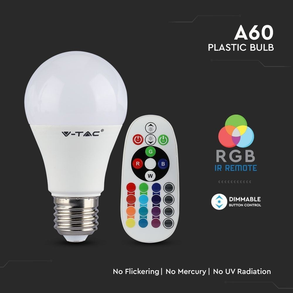 5 stk. RGBW LED pærer med RF fjernbetjening, 6W, E27, 230V, 470lm, RA80