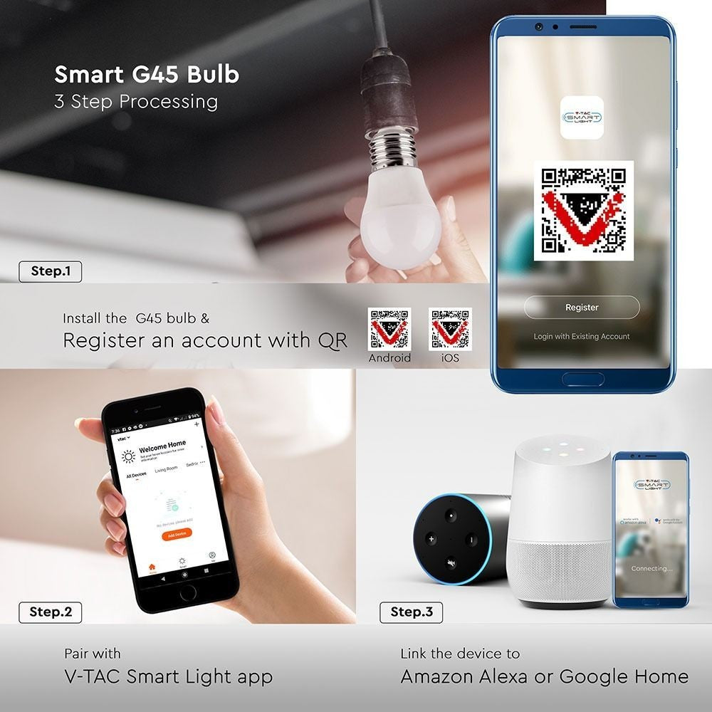 5 stk. Wifi LED pære - 5W, Tuya/Smart Life, Google Home kompatibel, E27, G45, 470lm, RA80