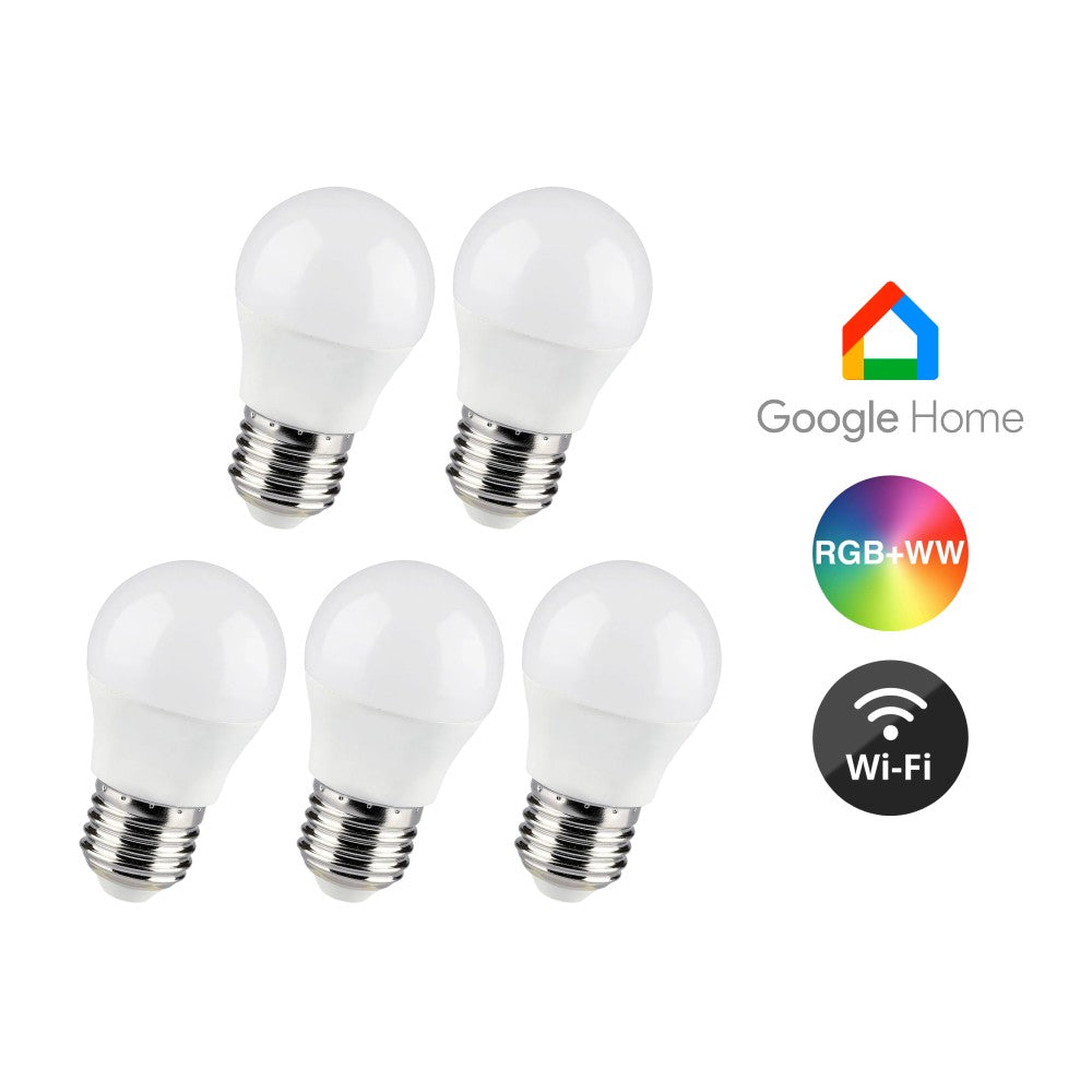5 stk. Wifi LED pære - 5W, Tuya/Smart Life, Google Home kompatibel, E27, G45, 470lm, RA80