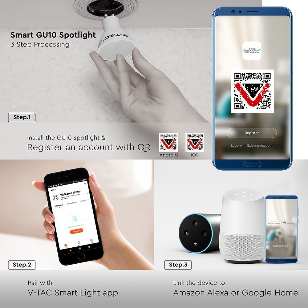 10 stk. Wifi LED GU10 pærer - 5W, Tuya/Smart Life, kompatibel med Google Home, erstatter 27W, 400lm, RA80