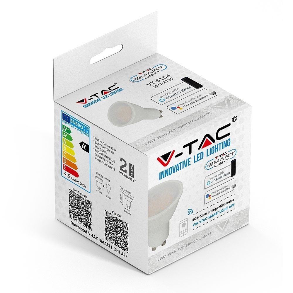 10 stk. Wifi LED GU10 pærer - 5W, Tuya/Smart Life, kompatibel med Google Home, erstatter 27W, 400lm, RA80