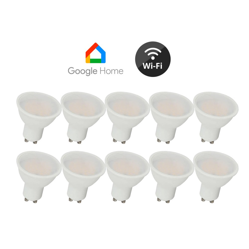 10 stk. Wifi LED GU10 pærer - 5W, Tuya/Smart Life, kompatibel med Google Home, erstatter 27W, 400lm, RA80