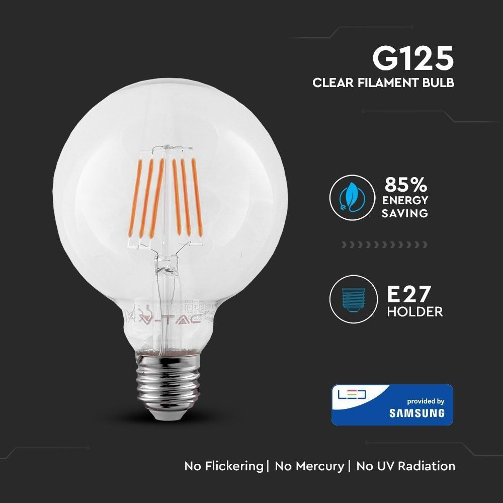 V-Tac 6W LED globepære - Samsung LED chip, Kultråd, Ø12,5 cm, E27 (Erstatter 60W, 806lm, RA80)