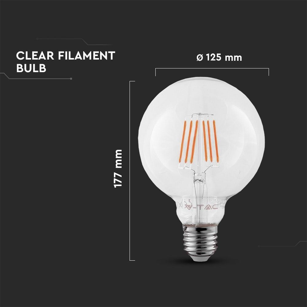 V-Tac 6W LED globepære - Samsung LED chip, Kultråd, Ø12,5 cm, E27 (Erstatter 60W, 806lm, RA80)