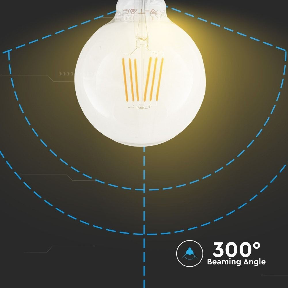 V-Tac 6W LED globepære - Samsung LED chip, Kultråd, Ø12,5 cm, E27 (Erstatter 60W, 806lm, RA80)