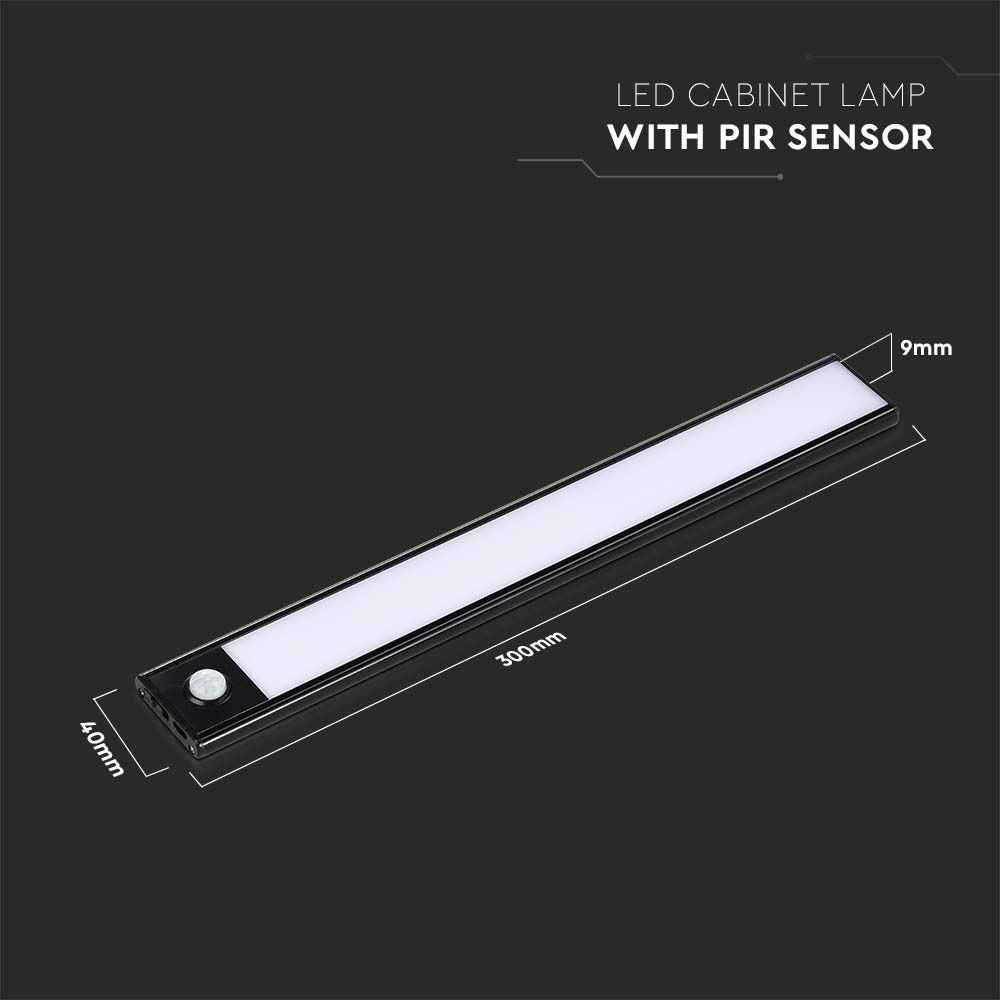 LED skabslys med PIR-sensor, 1,5W, 4000K, sort hus, IP20 - VT-8141