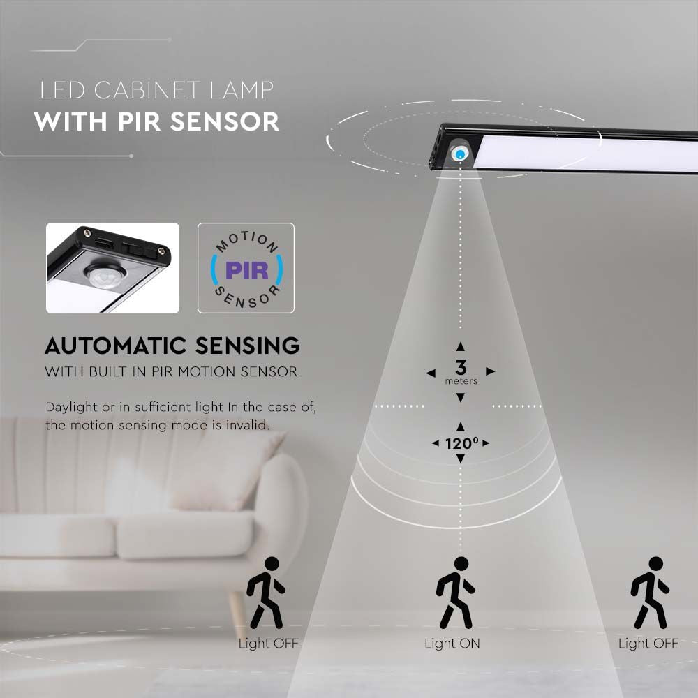 LED skabslys med PIR-sensor, 1,5W, 4000K, sort hus, IP20 - VT-8141