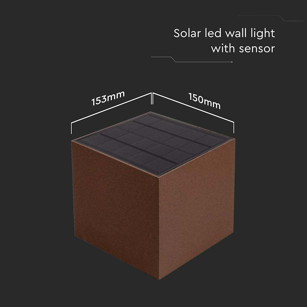 LED væglampe 9W med solcelle, PIR-sensor, corten hus - 3-i-1 funktion, IP65, 800lm