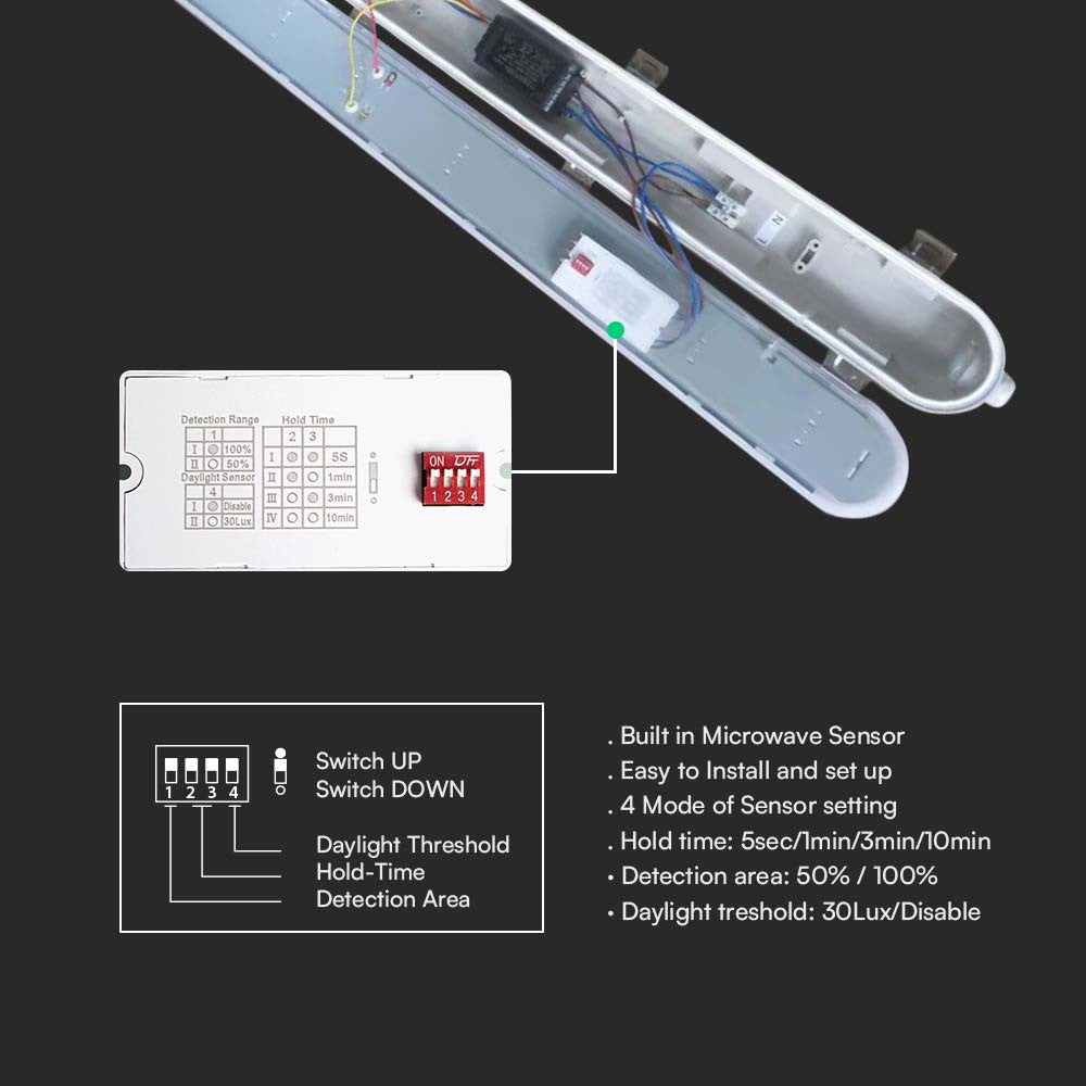 120 cm VT-120137S LED armatur 36W - Vandtæt med sensor & mælkehvidt dæksel