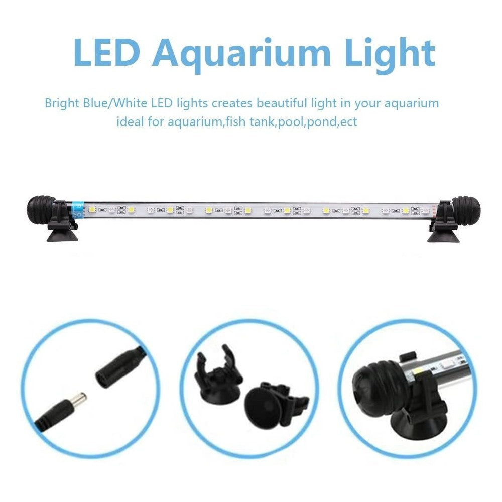 71 cm Akvarie LED Armatur - 8W, Hvid/Blå, Sugekopmontering, Vandtæt IP67