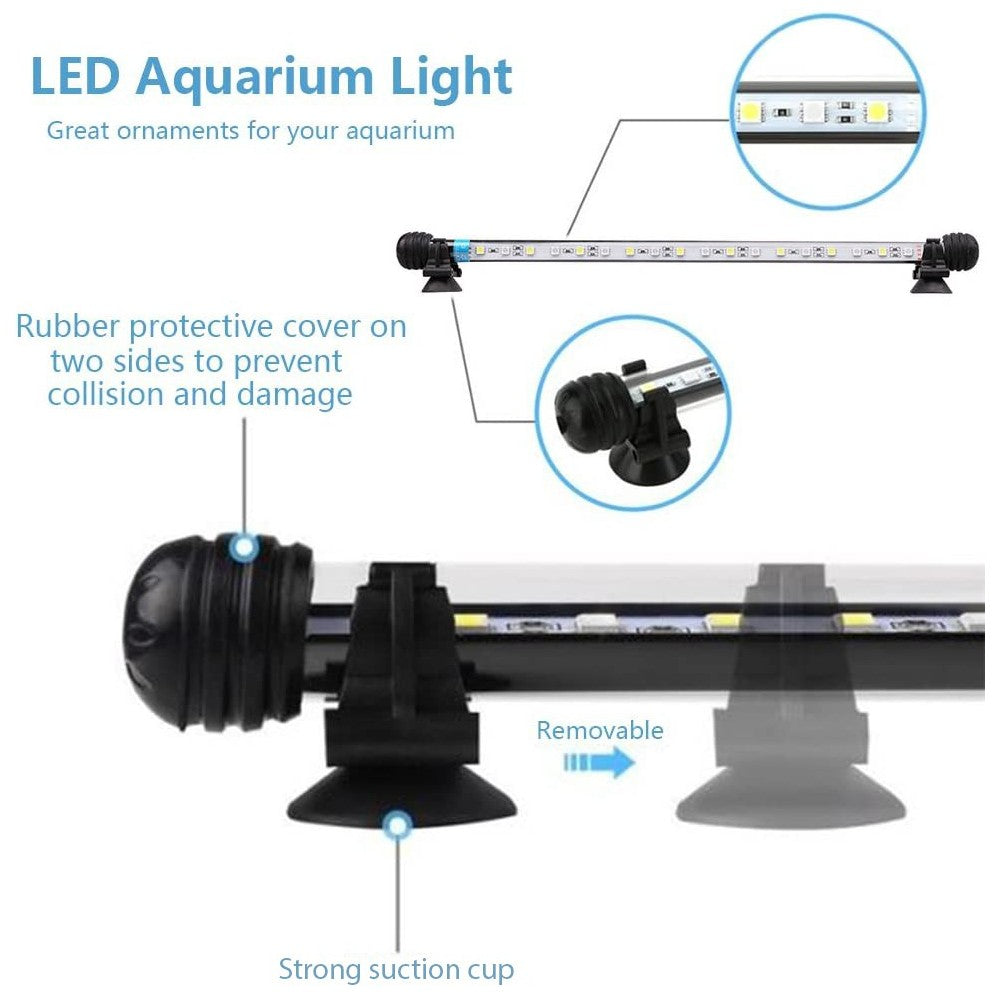 71 cm Akvarie LED Armatur - 8W, Hvid/Blå, Sugekopmontering, Vandtæt IP67