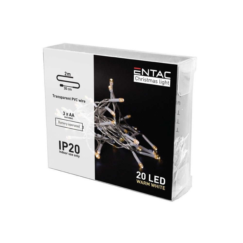 2 meter varm hvid LED julelyskæde - 20 LED, indendørs, batteridrevet