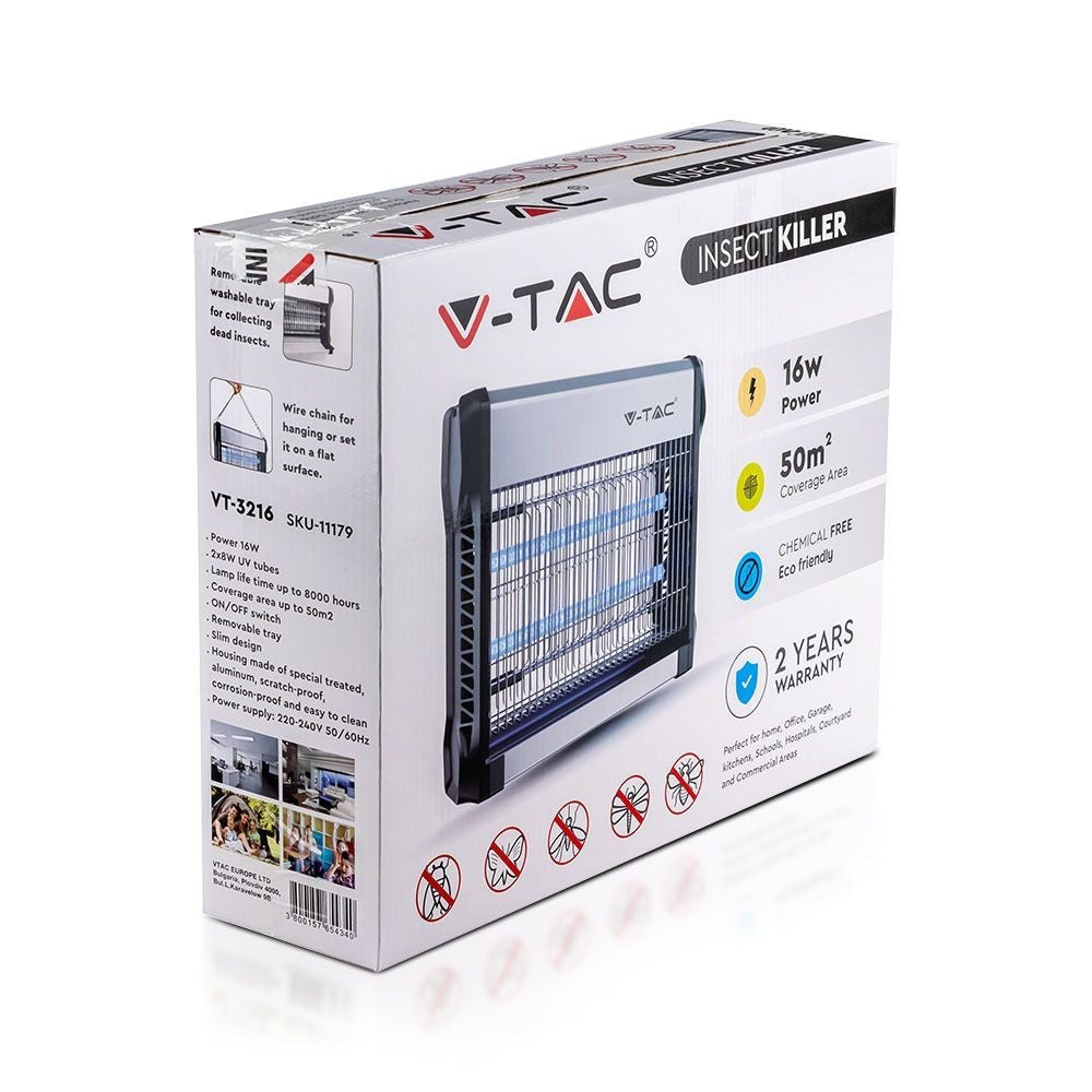 V-Tac insektlampe - 2x8W, indendørs, UV-lys, dækker 50m2