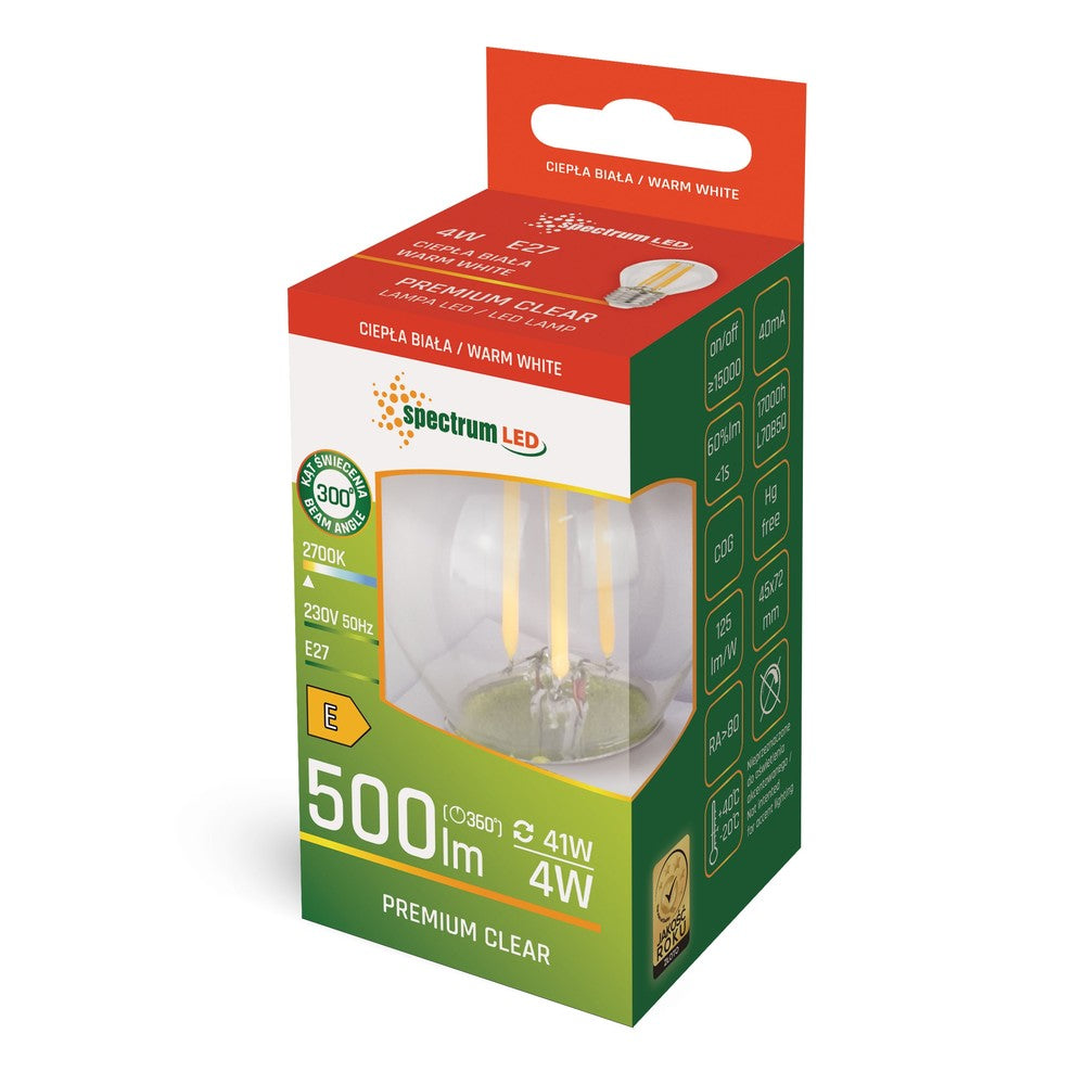 4W LED Kronepære - G45, Kultråd, Klart Glas, E27, Erstatning for 45W, 230V, 500lm, RA80