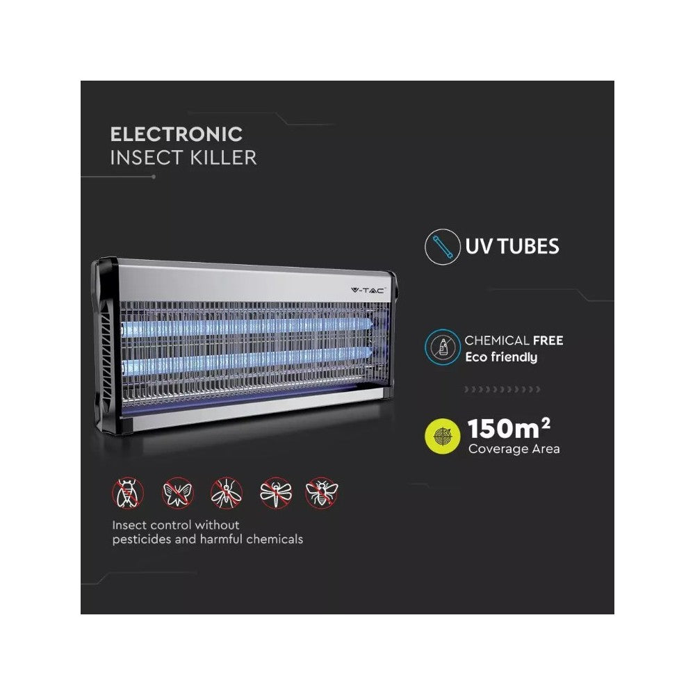 V-Tac insektlampe - 2x20W, indendørs, UV-lys, dækker 150m2