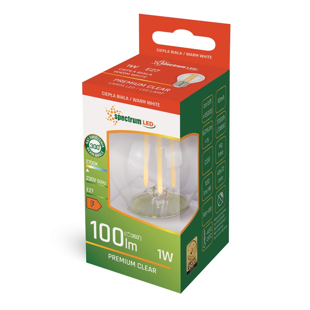 1W LED kronepære - G45, kultråd, klart glas, E27 - 230V, 100lm, RA80