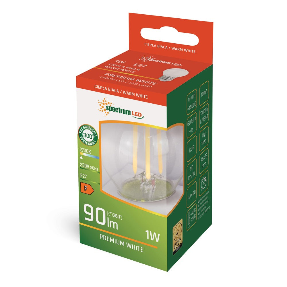 1W LED kronepære - G45, kultråd, matteret glas, E27, 230V, 90lm, RA80