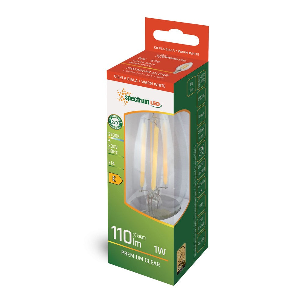 1W LED Kertepære - C35, Kultråd, Klart Glas, E14, 230V, 110lm, RA80