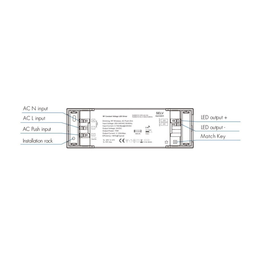 LEDlife rWave 75W dæmpbar strømforsyning - 24V DC, 3,125A, RF, push-dæmp