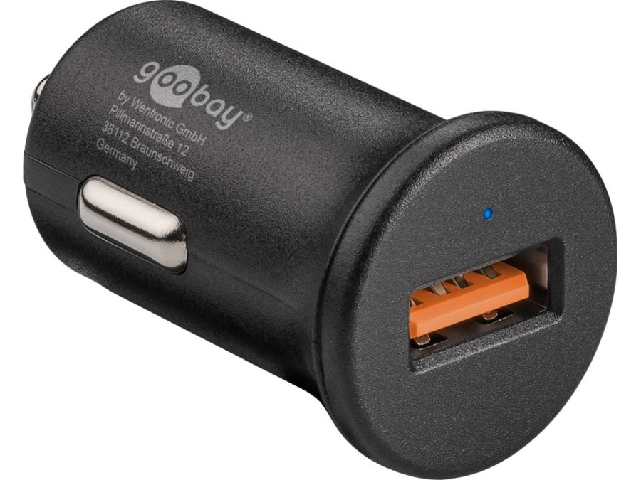 12/24V biladapter, 1 x USB A QC3.0, Sort (3A)