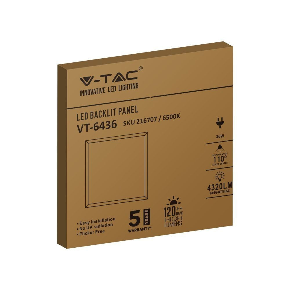 V-Tac LED Panel 60x60 - 36W, flimmerfri, 120 lm/W, hvid kant, 5 års garanti