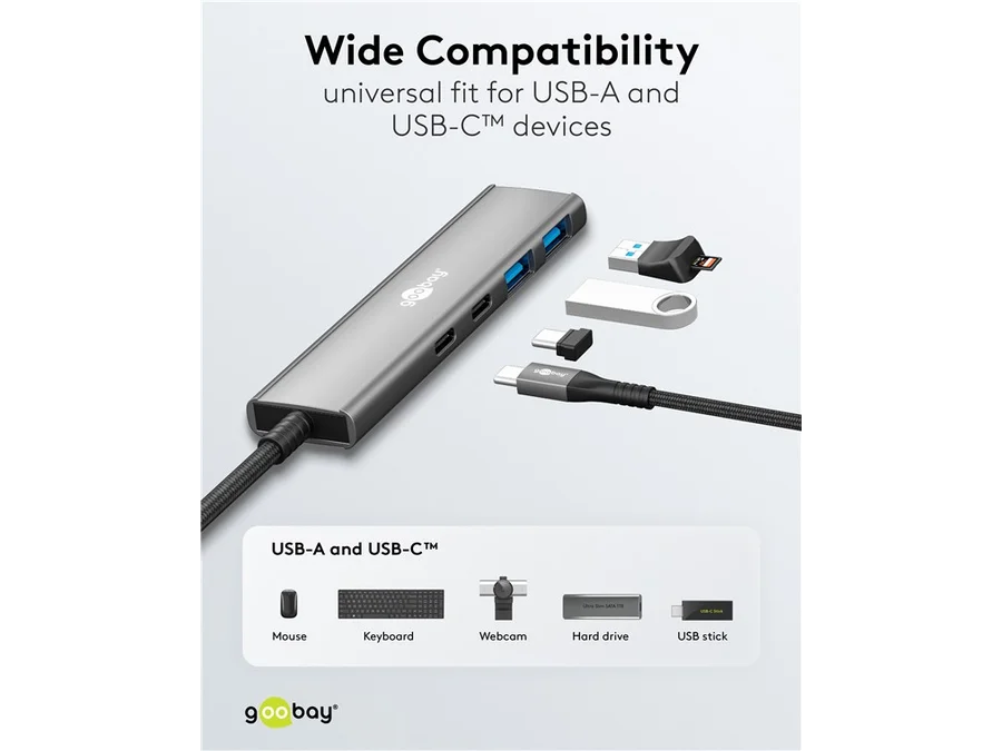 USB Hub 4-Port, Slim, USB-C til 2xUSB-C + 2xUSB-A, 5 Gbit/s