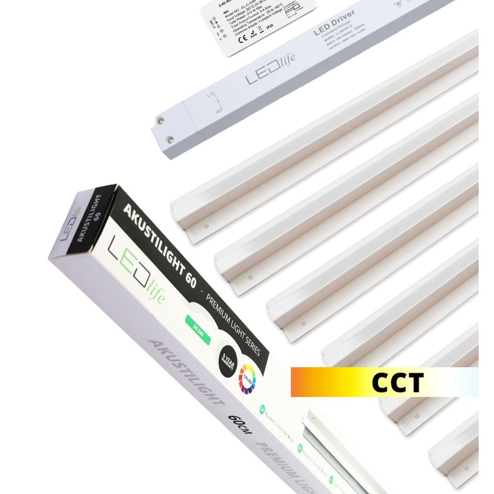 Troldtekt LED Zigbee Skinnesæt 6x60 cm - CCT, Planforsænket, Akustilight inkl. ledninger og driver