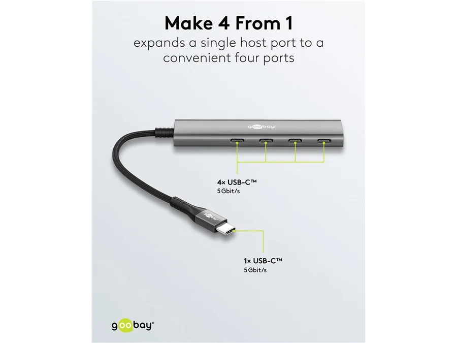 USB-C HUB 4-ports, Slim, USB-C til 4xUSB-C, 5 Gbit/s