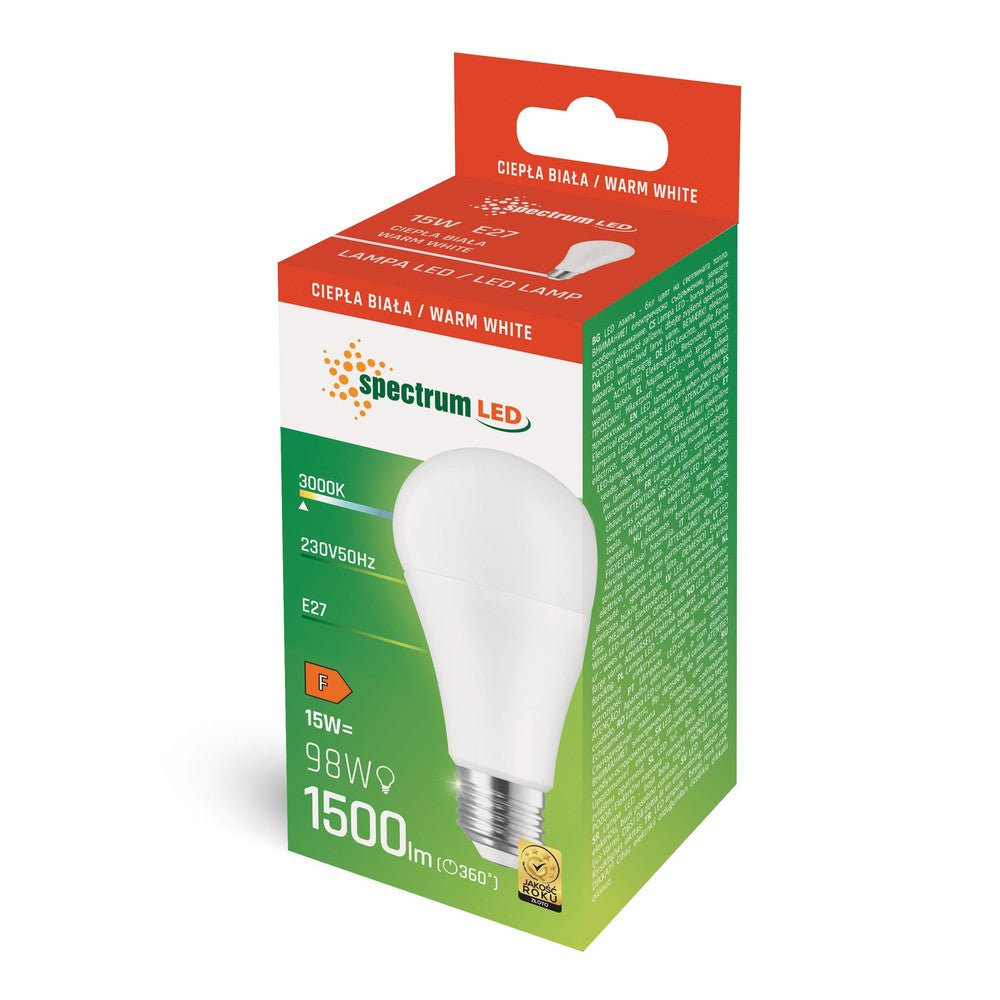 LED A65 E27 230V 15W Varm Hvid Spectrum - Energibesparende pære med stor fatning til 230V stik. Leverer 1500lm med en farvegengivelse på RA80.