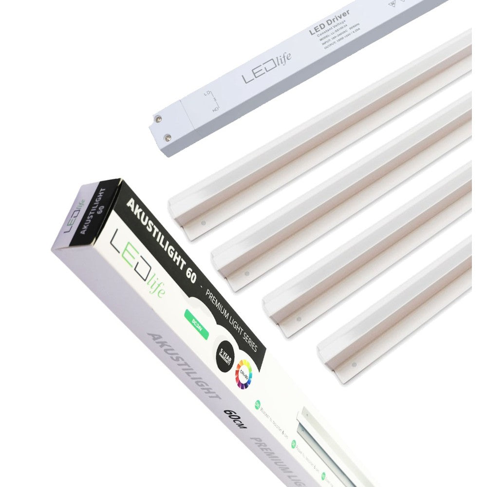 Troldtekt LED skinnesæt 4x120 cm - Planforsænket, Akustilight inkl. ledninger og driver, 35W, 24V, 3600lm, RA93, 5 års producentgaranti
