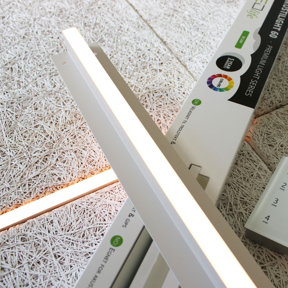 Troldtekt LED skinnesæt 4x120 cm - Planforsænket, Akustilight inkl. ledninger og driver, 35W, 24V, 3600lm, RA93, 5 års producentgaranti