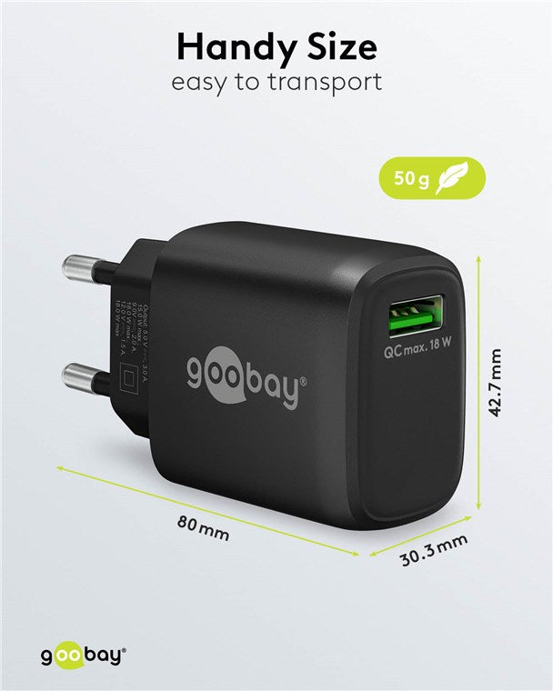 Netadapter m. QC3.0 lynladefunk. - 5Vdc (18W), 1xUSB-A, Sort