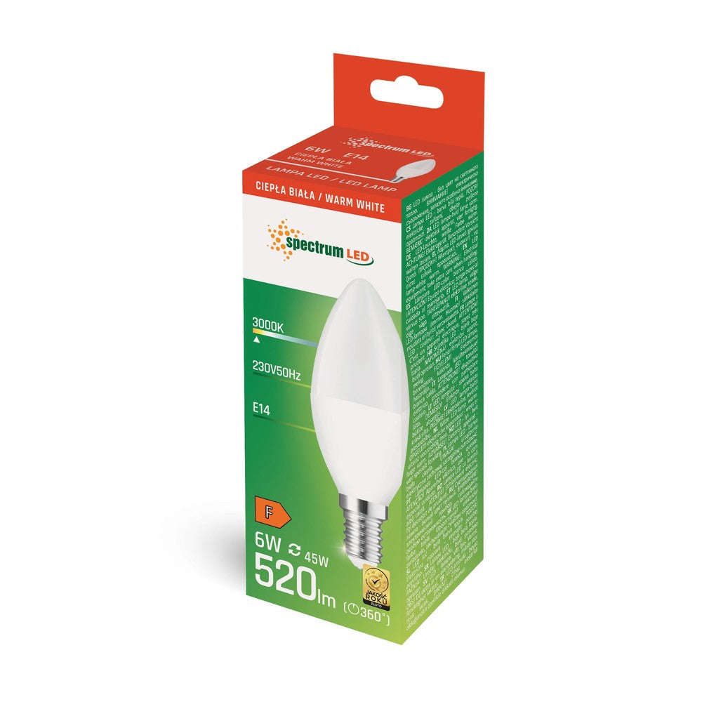 Spectrum 6W LED pære - C37, E14, 520lm, RA80, hvid, 230V