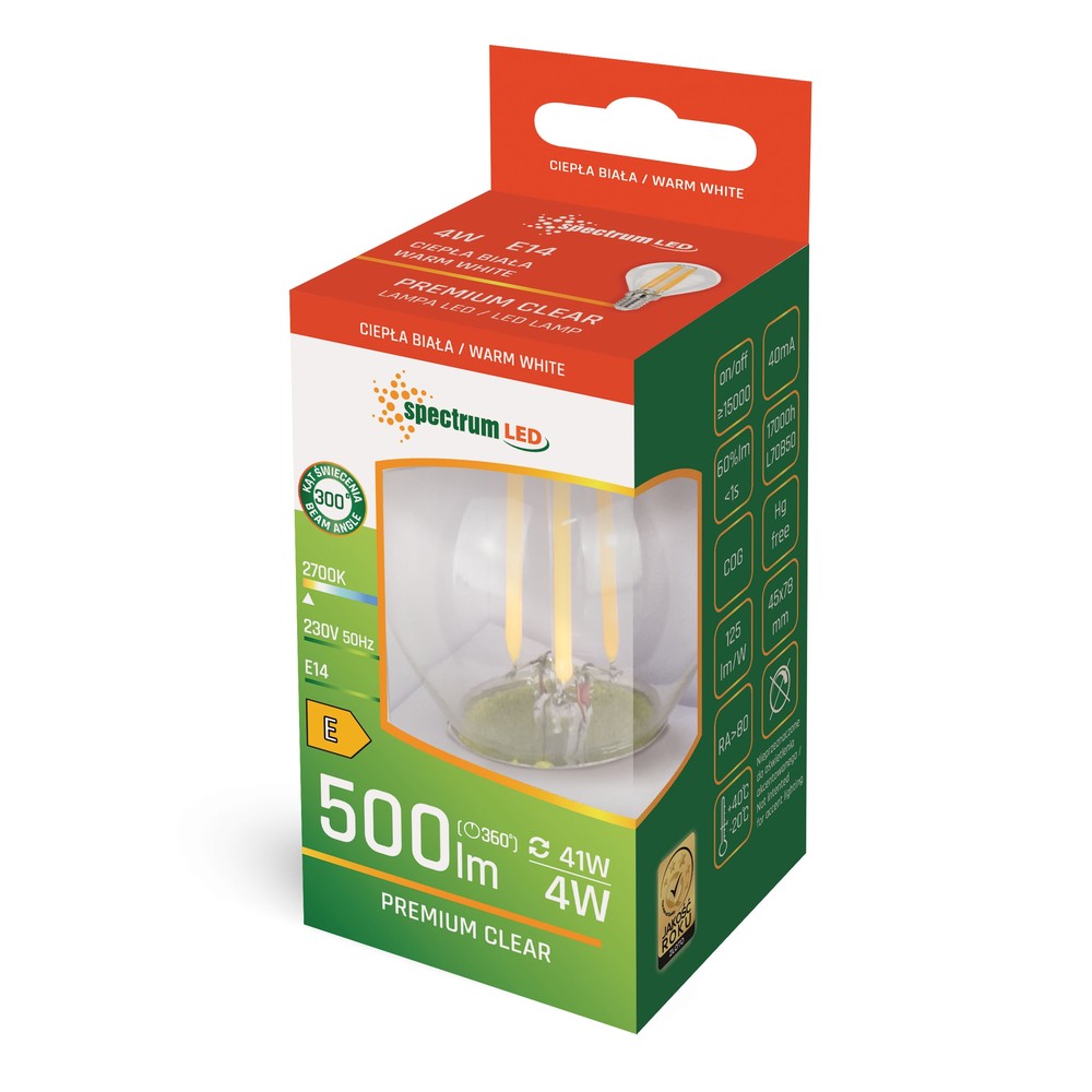 Spectrum 4W LED pære - G45, kultråd, E14, 500lm, RA80