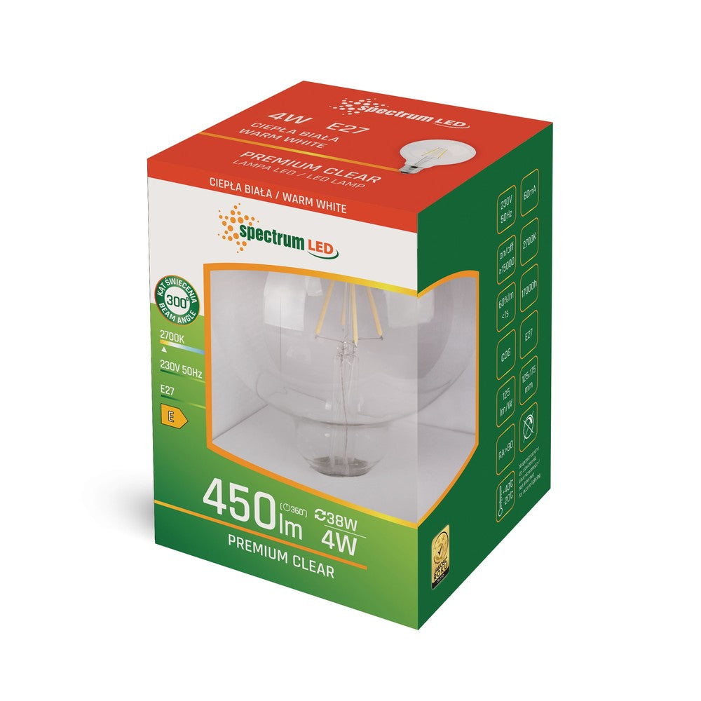 Spectrum 4W LED Globepære G95 med Kultråd og E27 Stor Fatning - 230V, 450lm, RA80