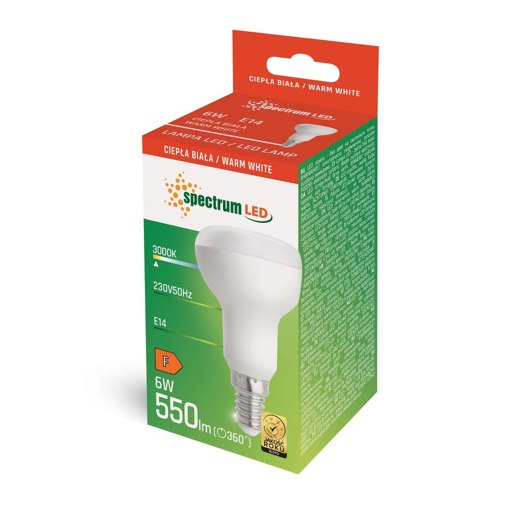 Spectrum 6W LED pære - R50, E14, 230v - Energibesparende lyskilde med E14 fatning til 230V, med en lysstyrke på 410lm og en farvegengivelsesindeks (RA) på 80.